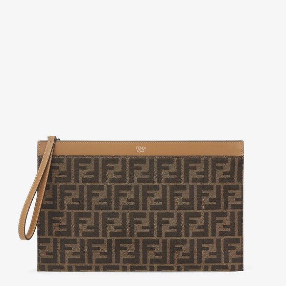Fendi Ff Jacquard Flat Pouch Medium In Brown