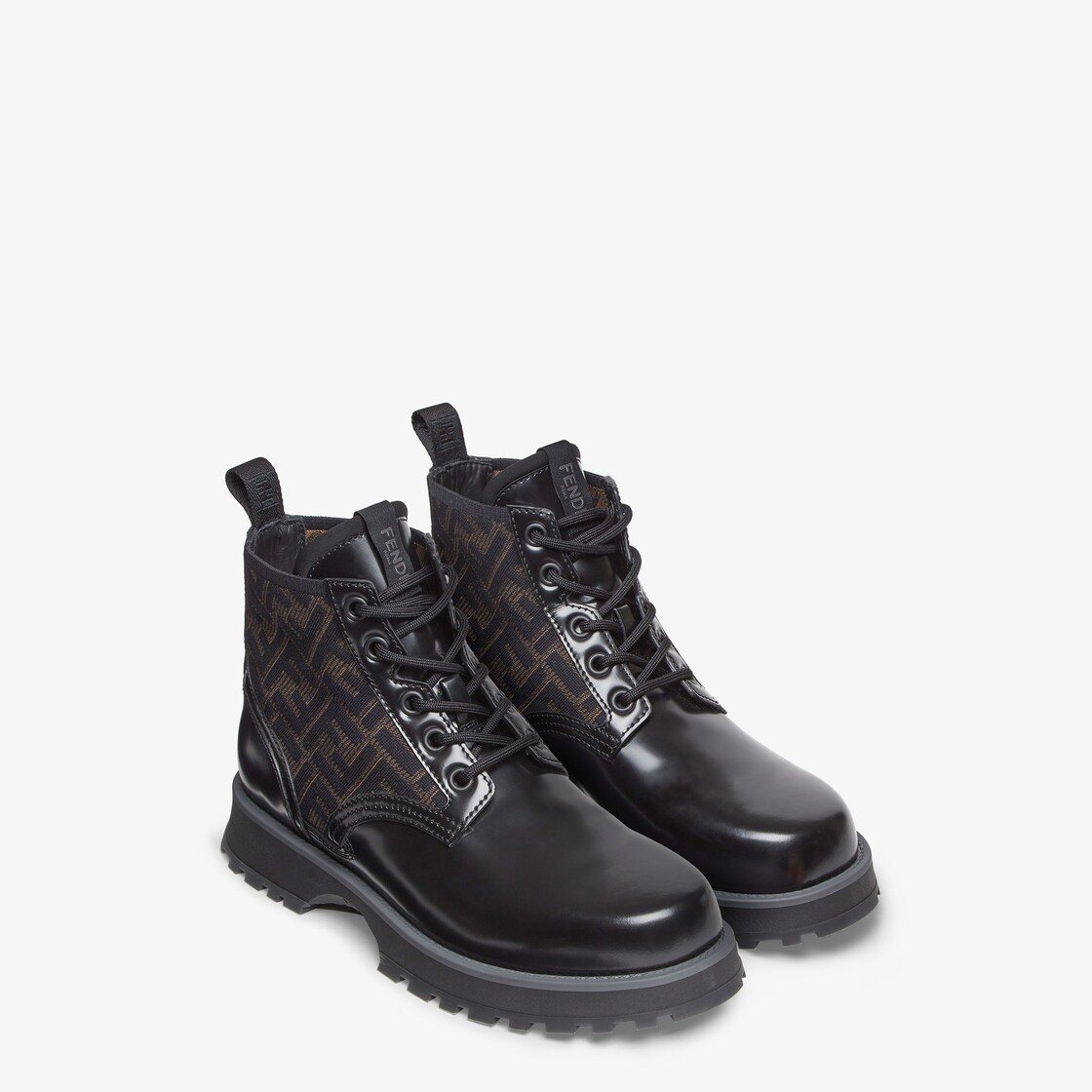 Fendi Logo Plaque Lace-up Biker Boots in Black