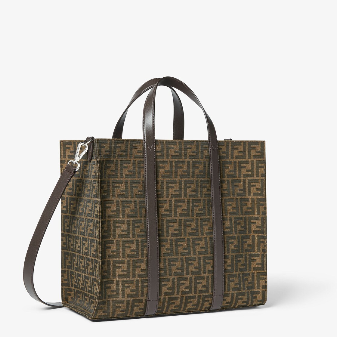 FENDI: bag in leather and embossed fabric with coated FF monogram - Tobacco