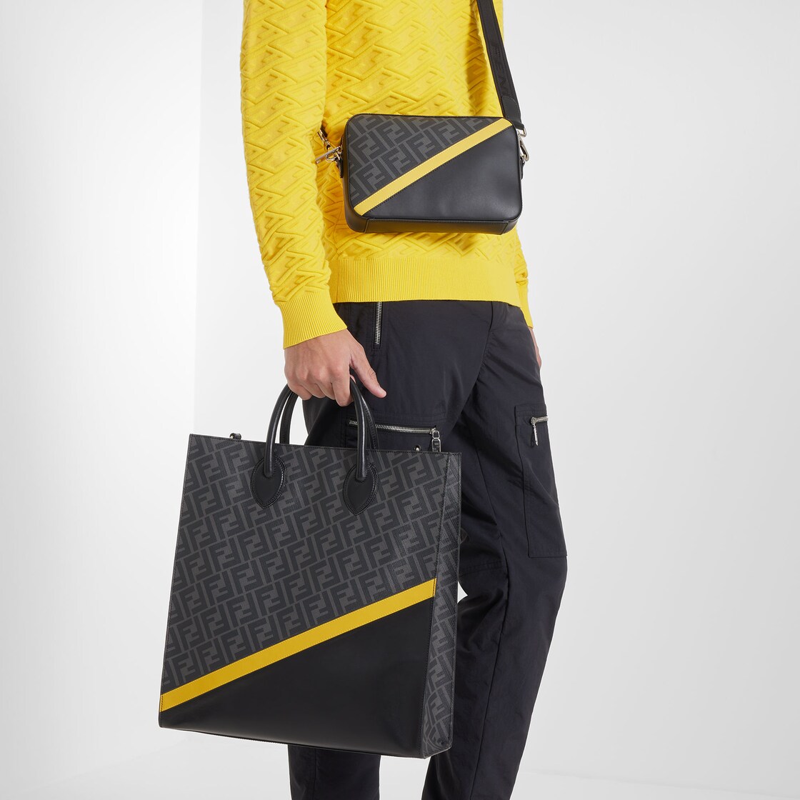 Fendi Diagonal Vertical Tote - Black leather and FF fabric bag | Fendi