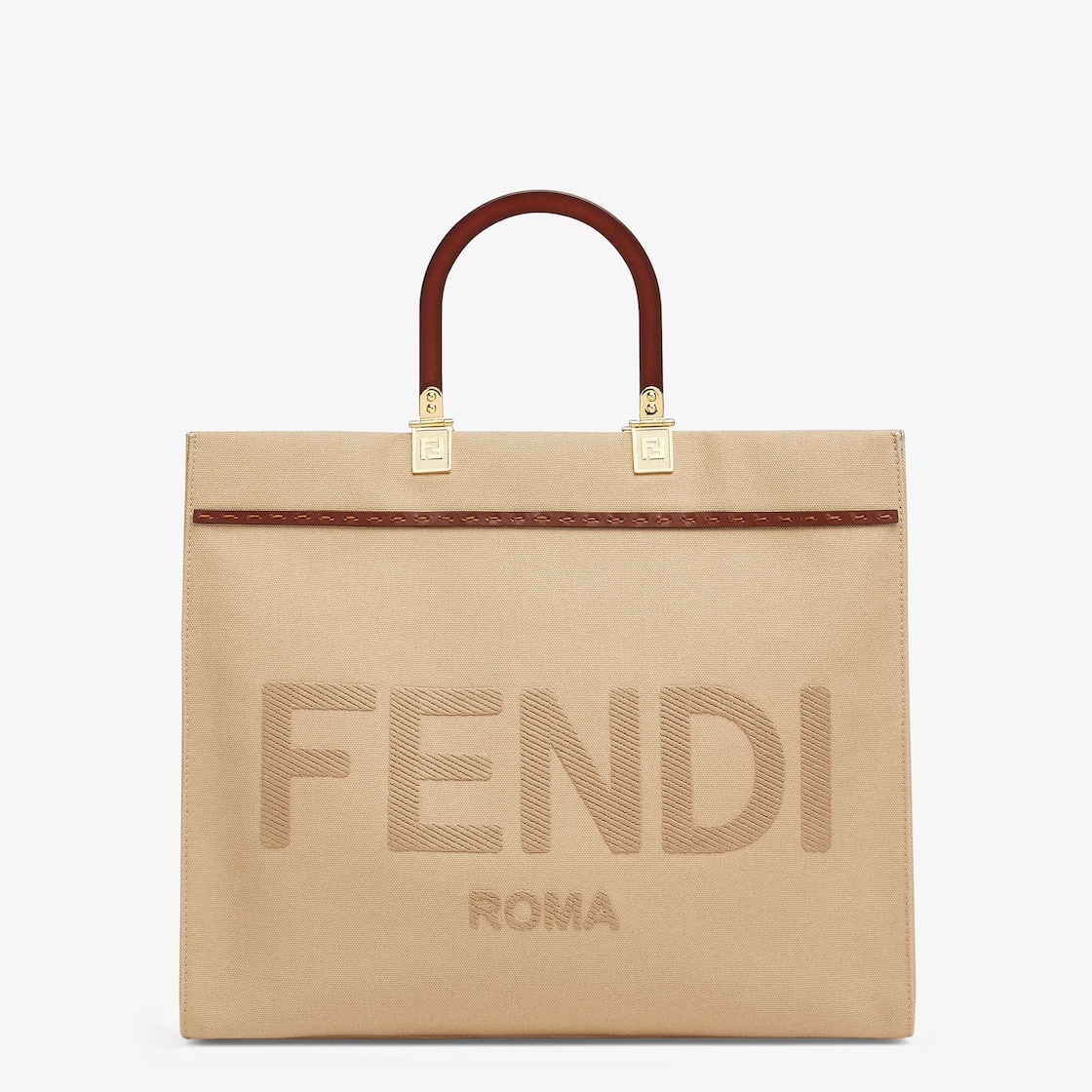 FENDI Sunshine medium leather-trimmed embroidered canvas tote