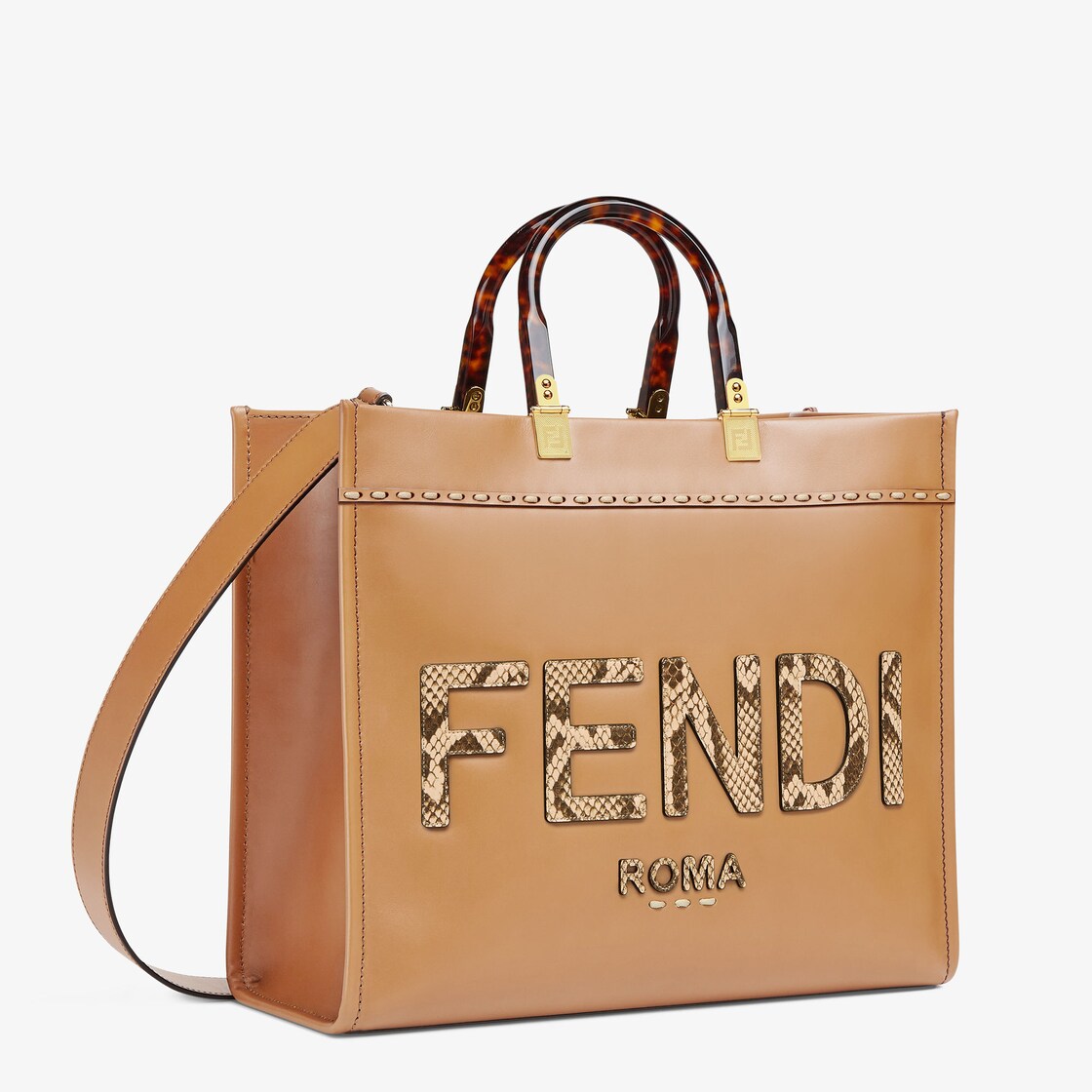 Fendi Sunshine Medium - Light brown leather and elaphe shopper bag