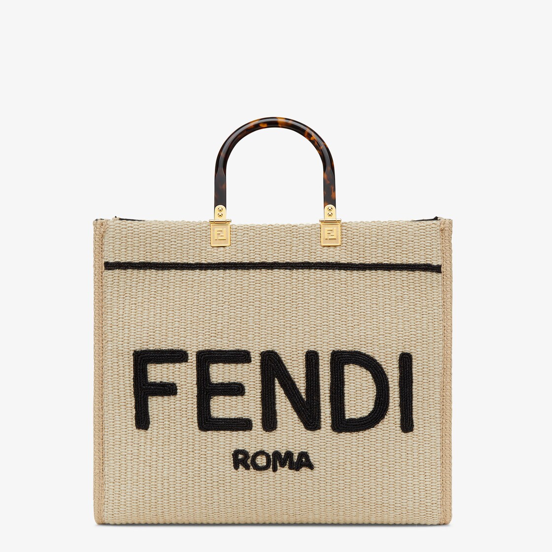 Fendi Sunshine Medium - Black and natural straw shopper | Fendi