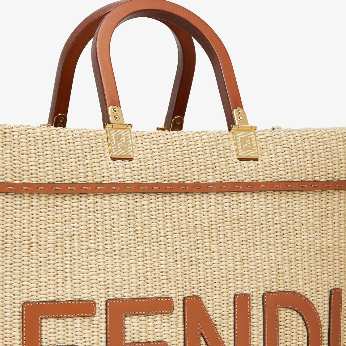 Fendi Sunshine Medium Raffia & Leather Tote Women's Beige