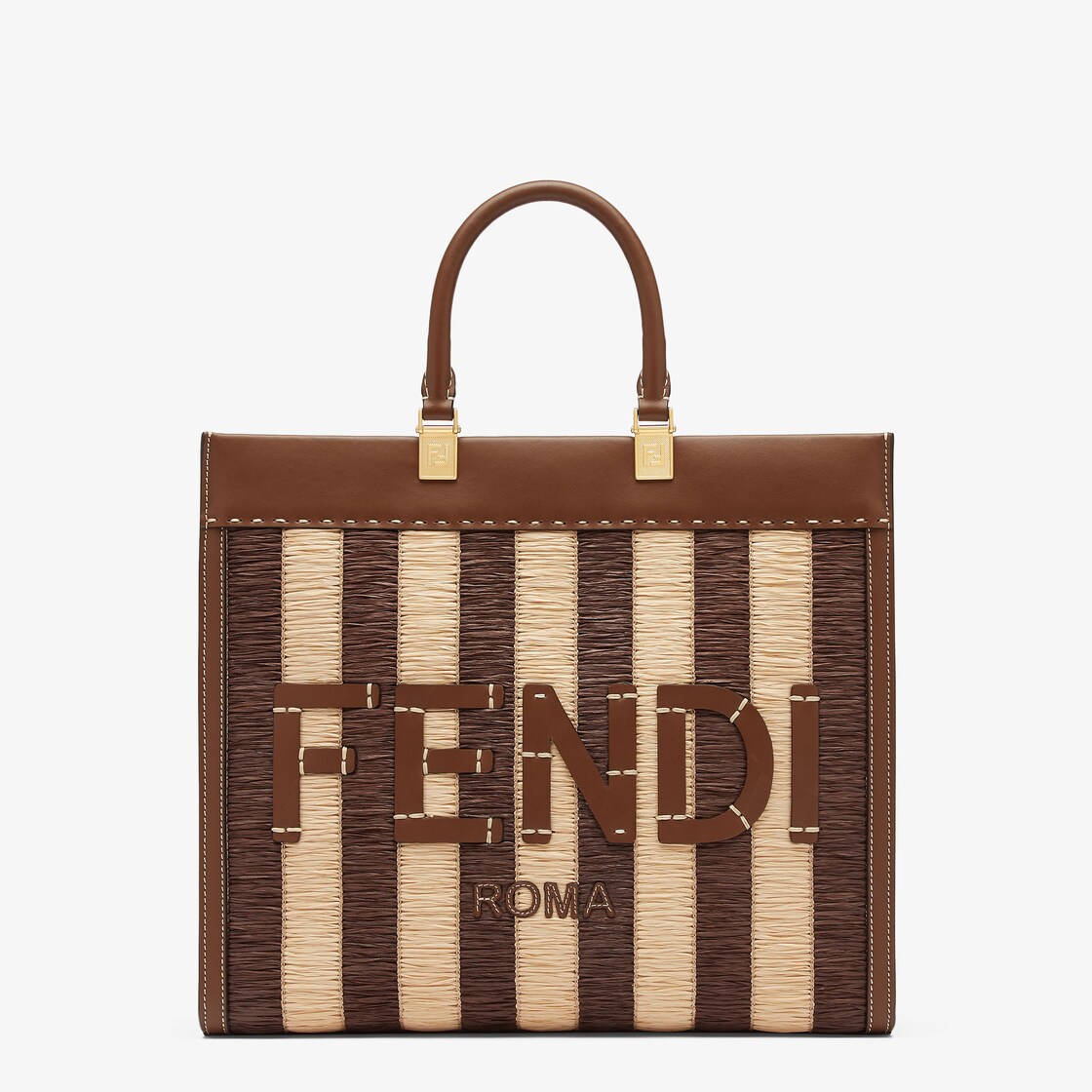 Fendi Sunshine Medium Viscose fiber Pequin and brown leather shopper Fendi