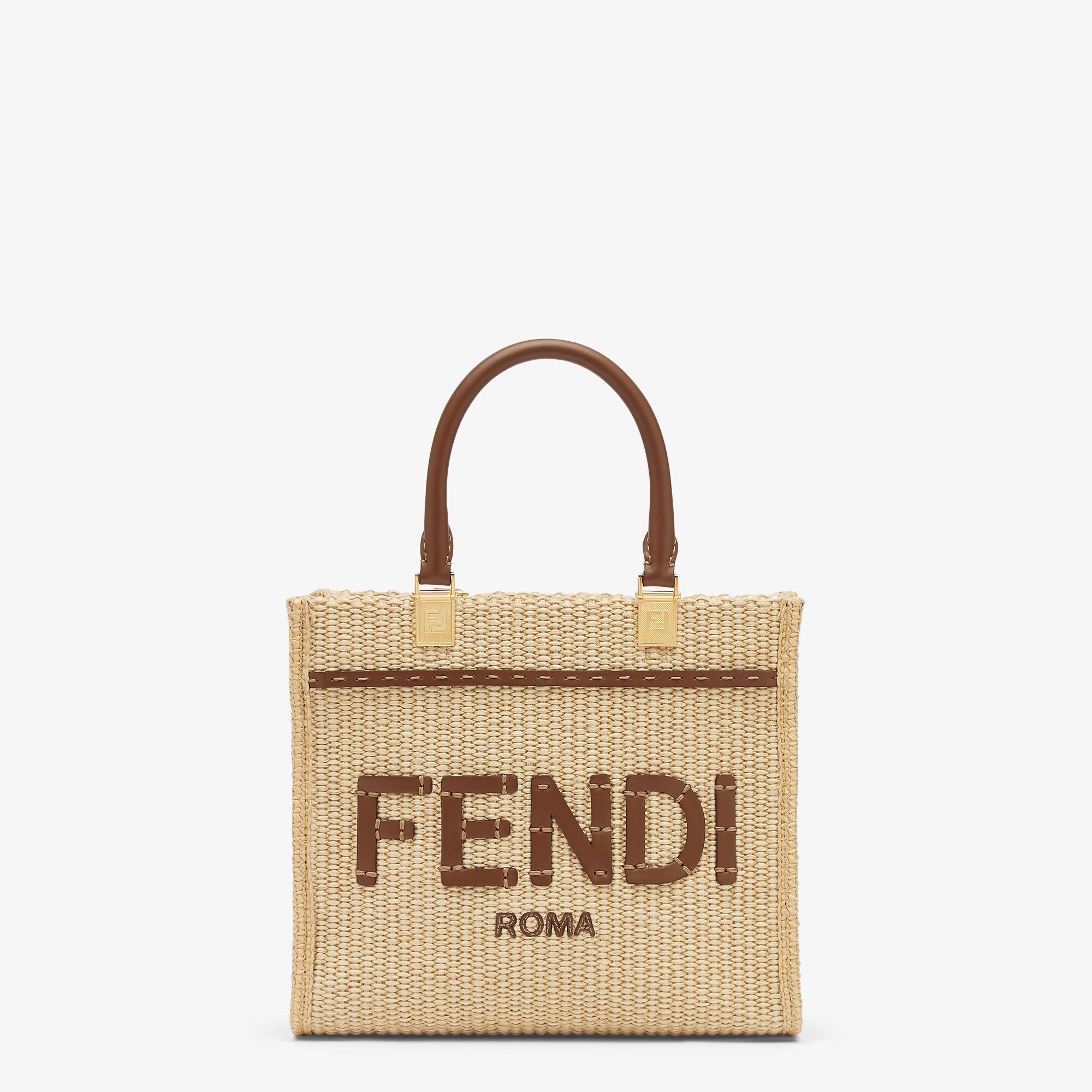 Fendi Sunshine Small - Natural raffia and brown leather shopper | Fendi