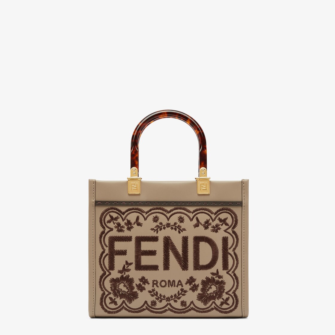 Fendi Sunshine Small - Dove grey leather shopper bag with floral 