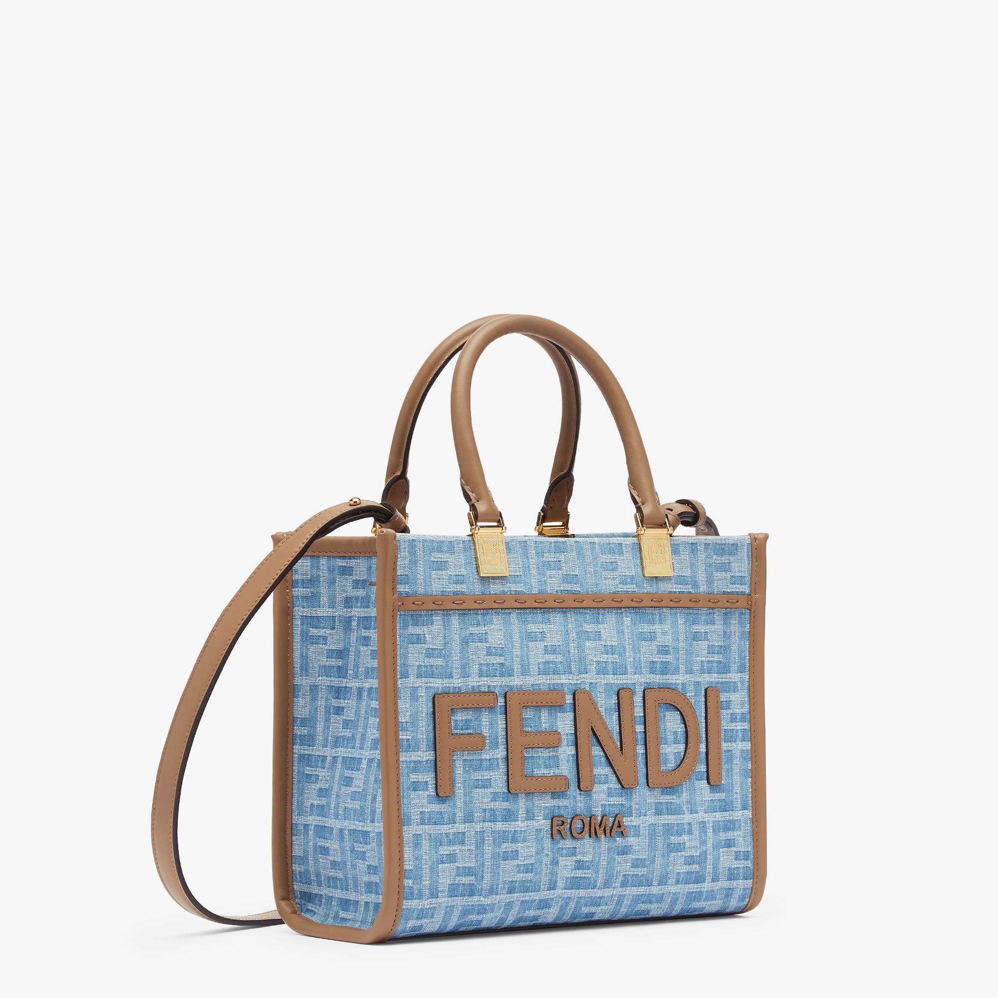 Fendi Sunshine Small - Light blue FF denim fabric shopper | Fendi