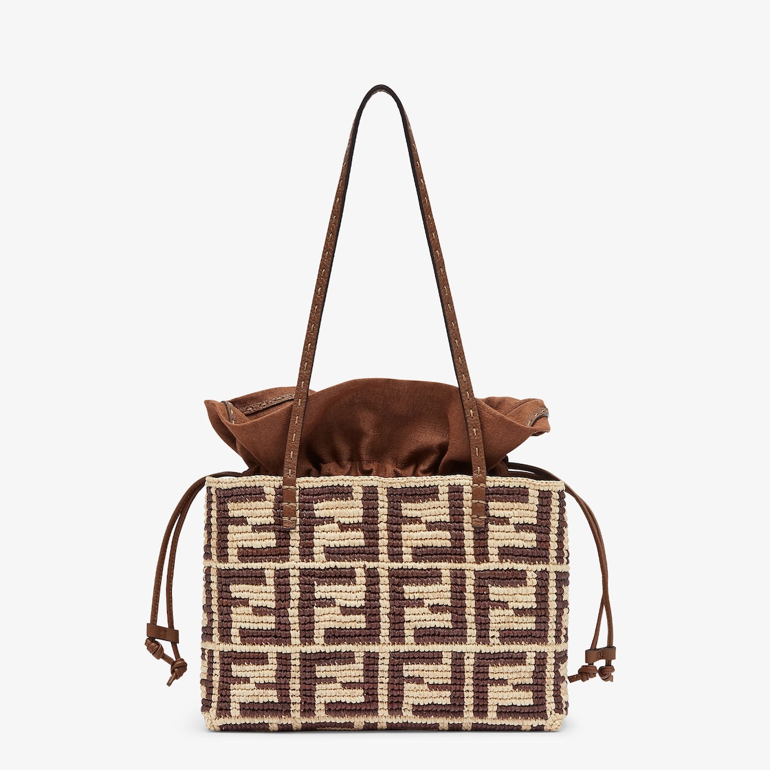 Roll pequeno Bolso shopper de rafia marron con motivo FF de ganchillo y bolso saco Fendi