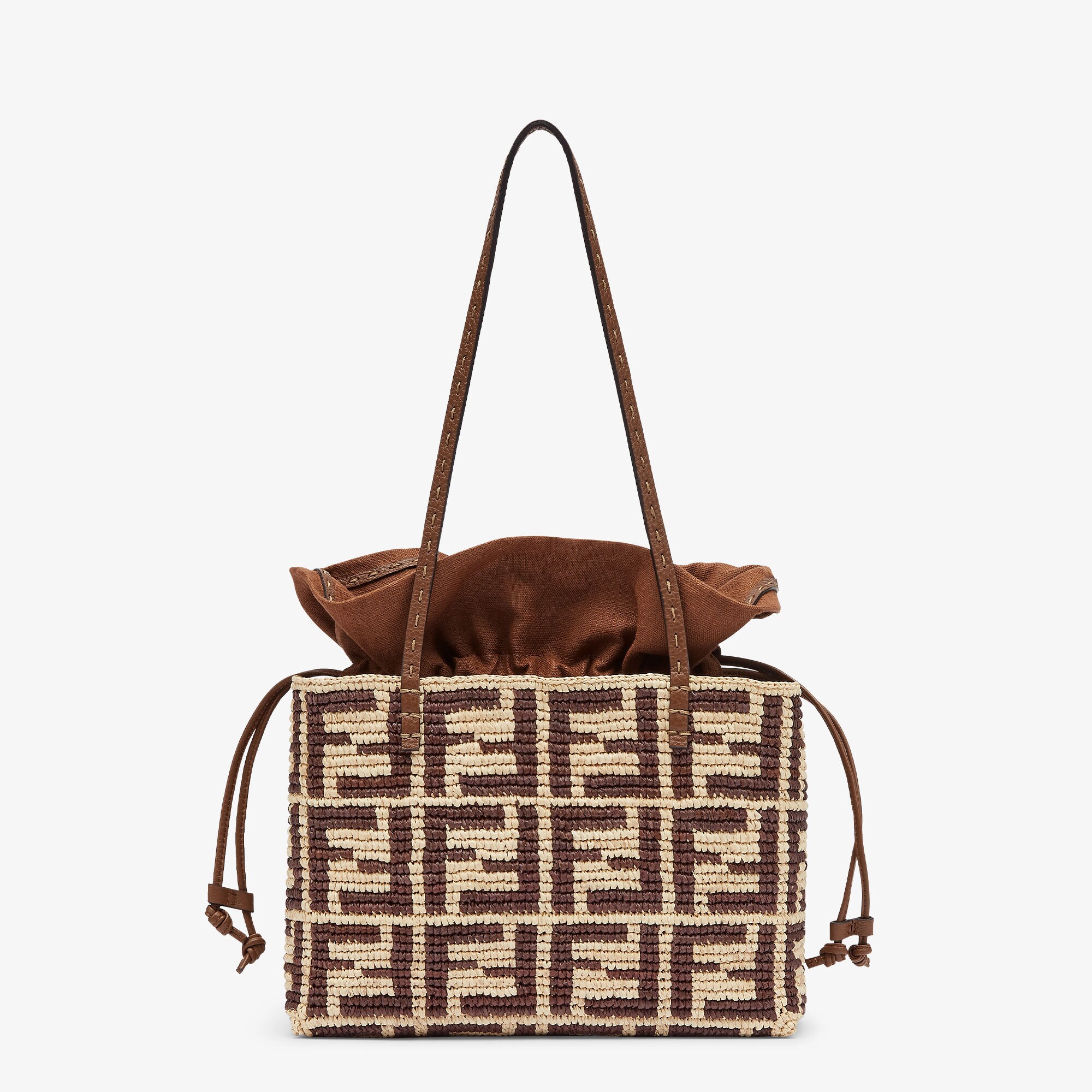 Small Roll Brown FF raffia crochet shopper with pouch Fendi