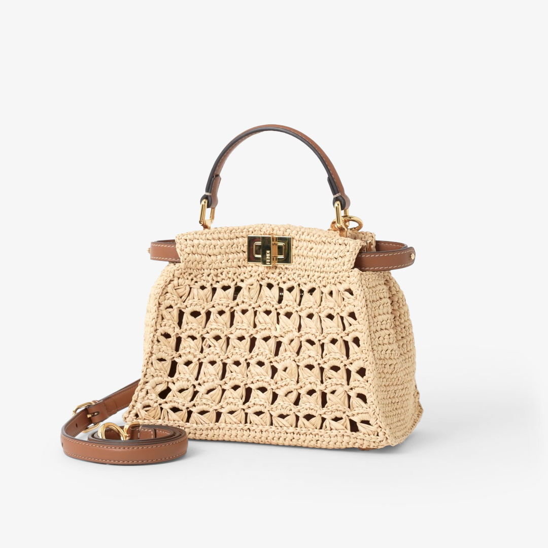 Fendi Peekaboo Mini Raffia-effect material bag with openwork weave