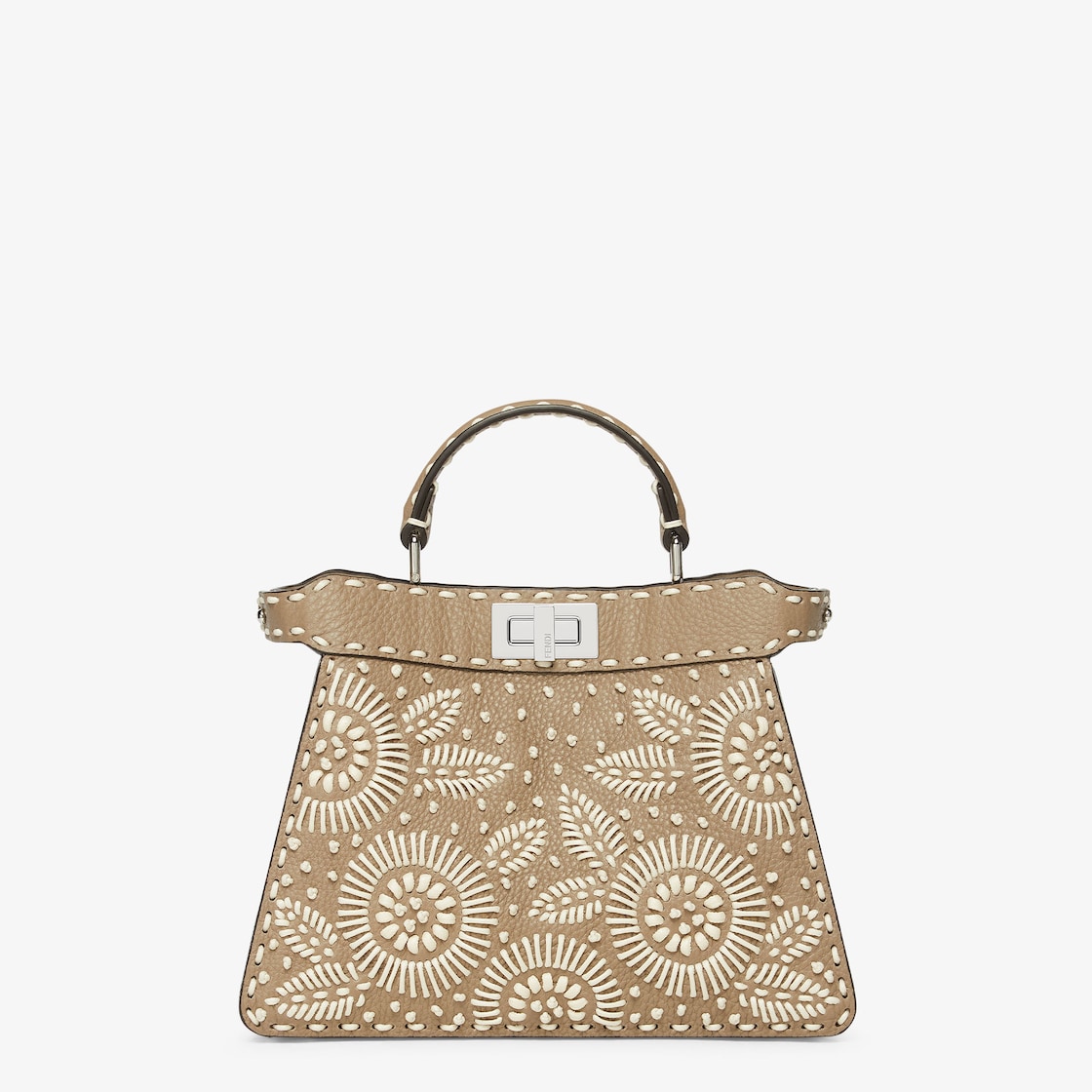 Peekaboo ISeeU Small Dove grey Selleria bag with floral embroidery and 646 hand sewn topstitches Fendi