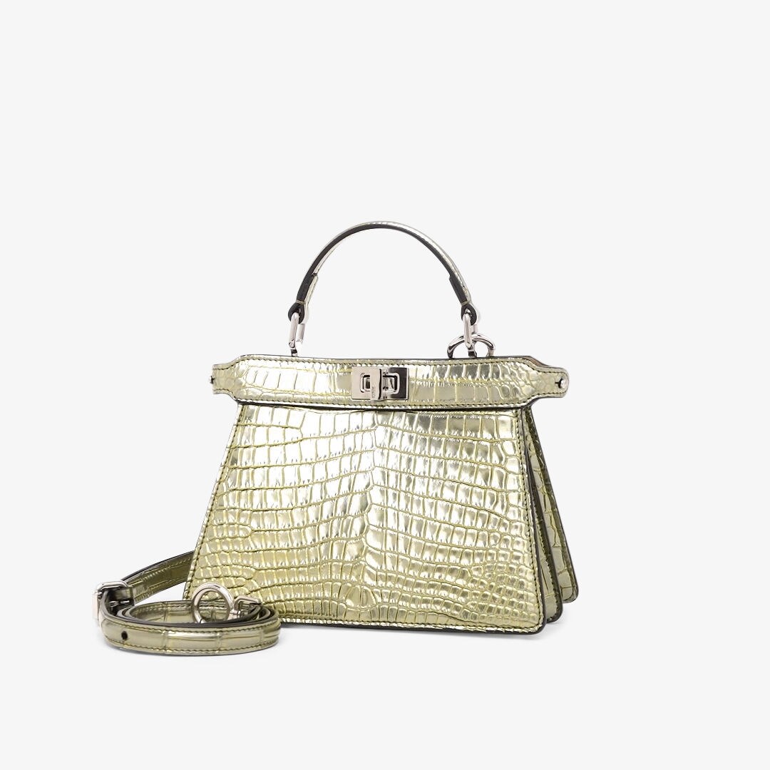 Peekaboo ISeeU Petite - Metallic-effect acid green crocodile leather bag |  Fendi