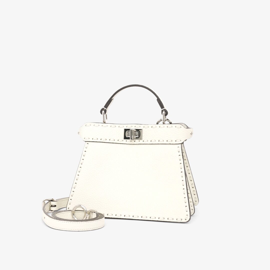 PEEKABOO ISEEU 27 IN WHITE SMOOTH CALFSKIN WITH WOVEN TRIM GOLD HARDWARE