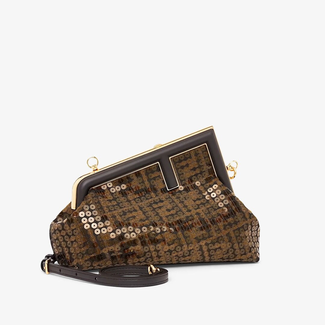 Fendi First Small - Brown FF jacquard fabric bag with sequins | Fendi