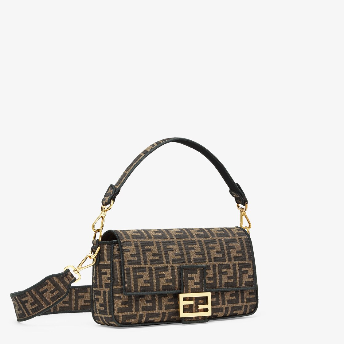 FENDI Baguette Pouch Brown jacquard FF fabric clutch with chain