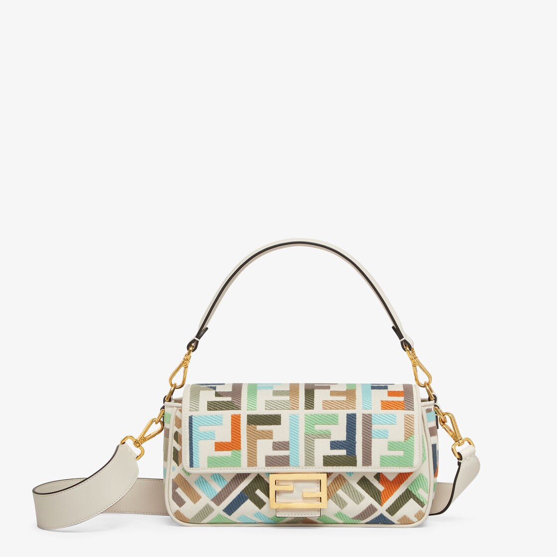 Fendi Baguette Bag In Multicolor Canvas With Ff Embroidery In Nude &  Neutrals