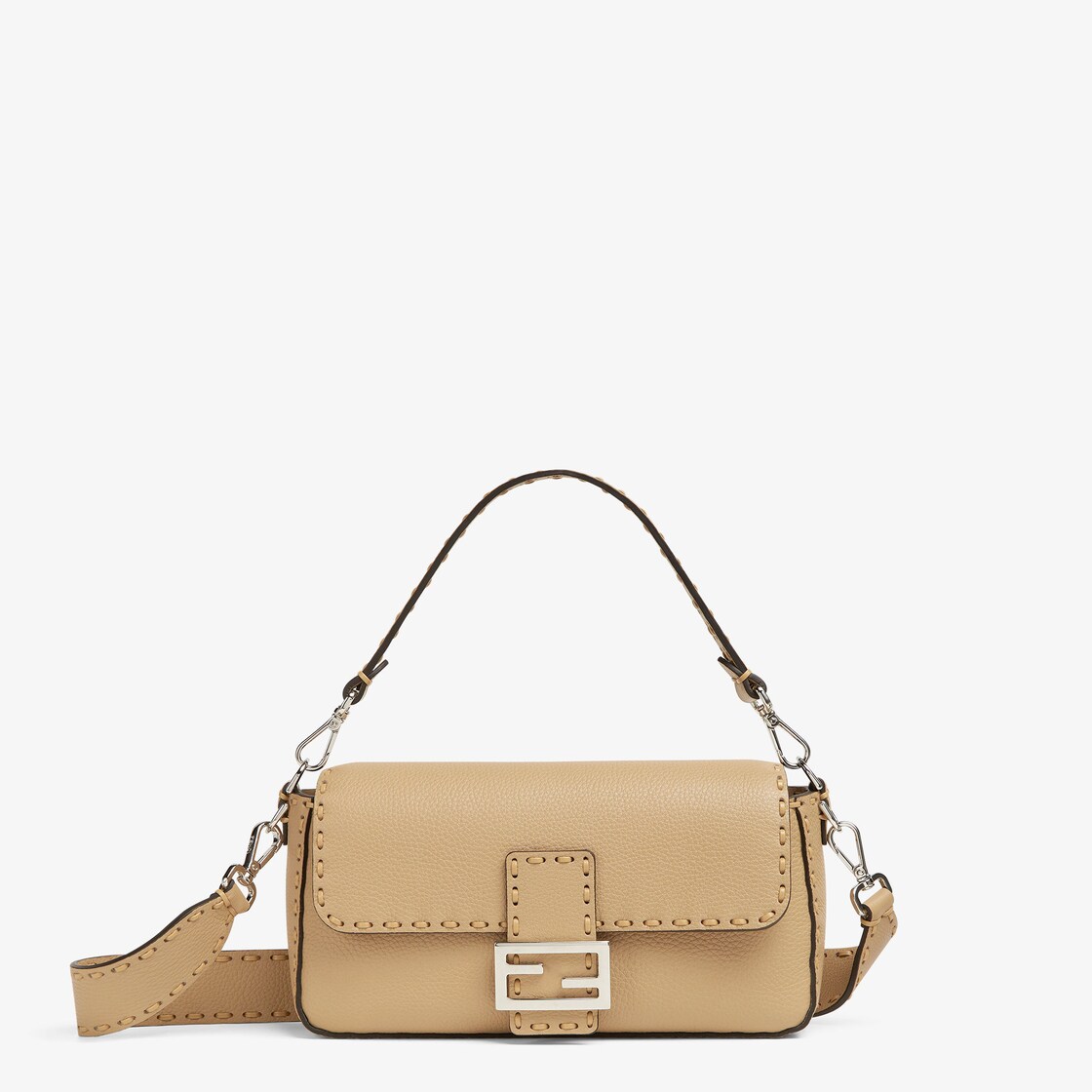 Baguette Beige Selleria bag with oversize topstitching Fendi