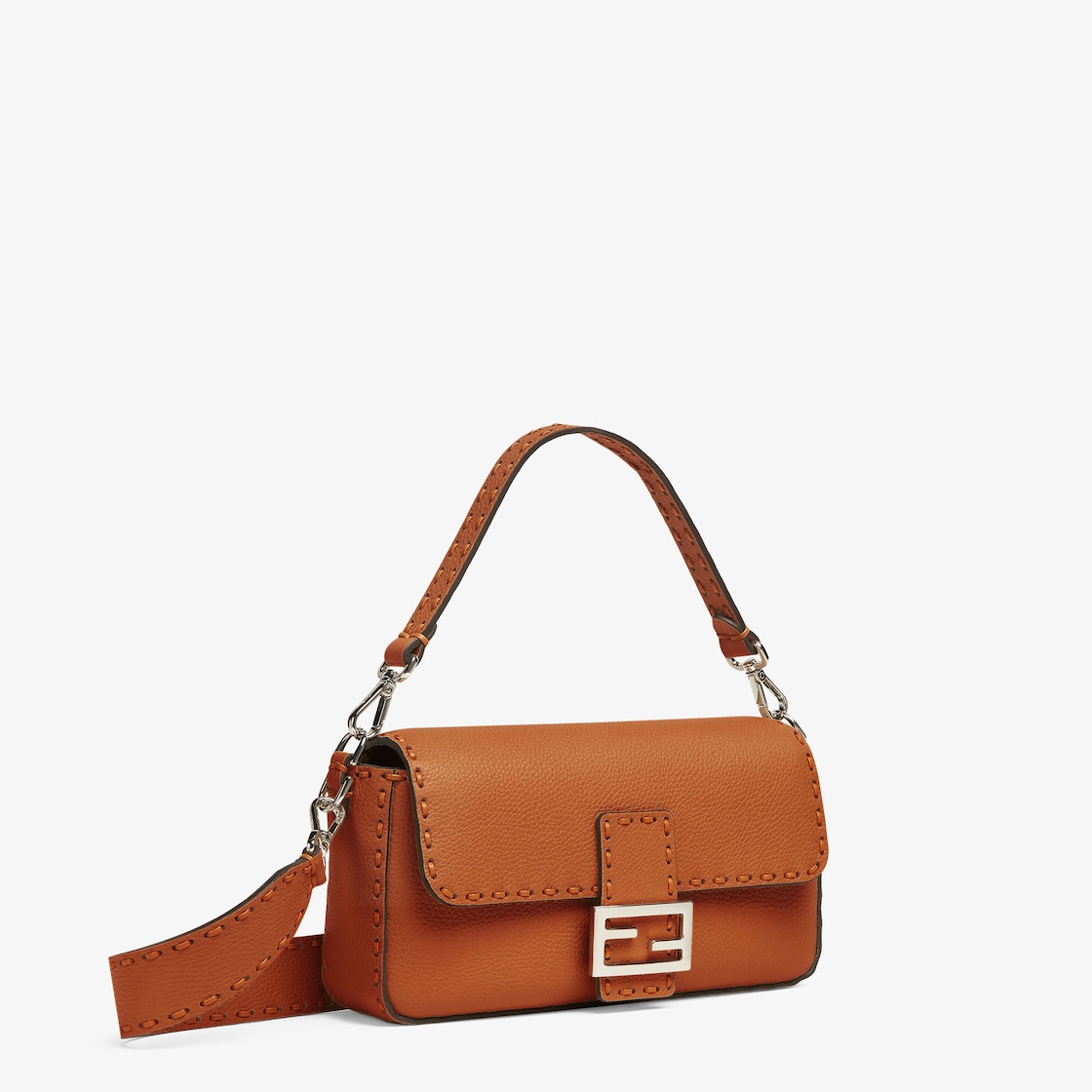 Baguette Brown Selleria bag with oversized topstitching Fendi