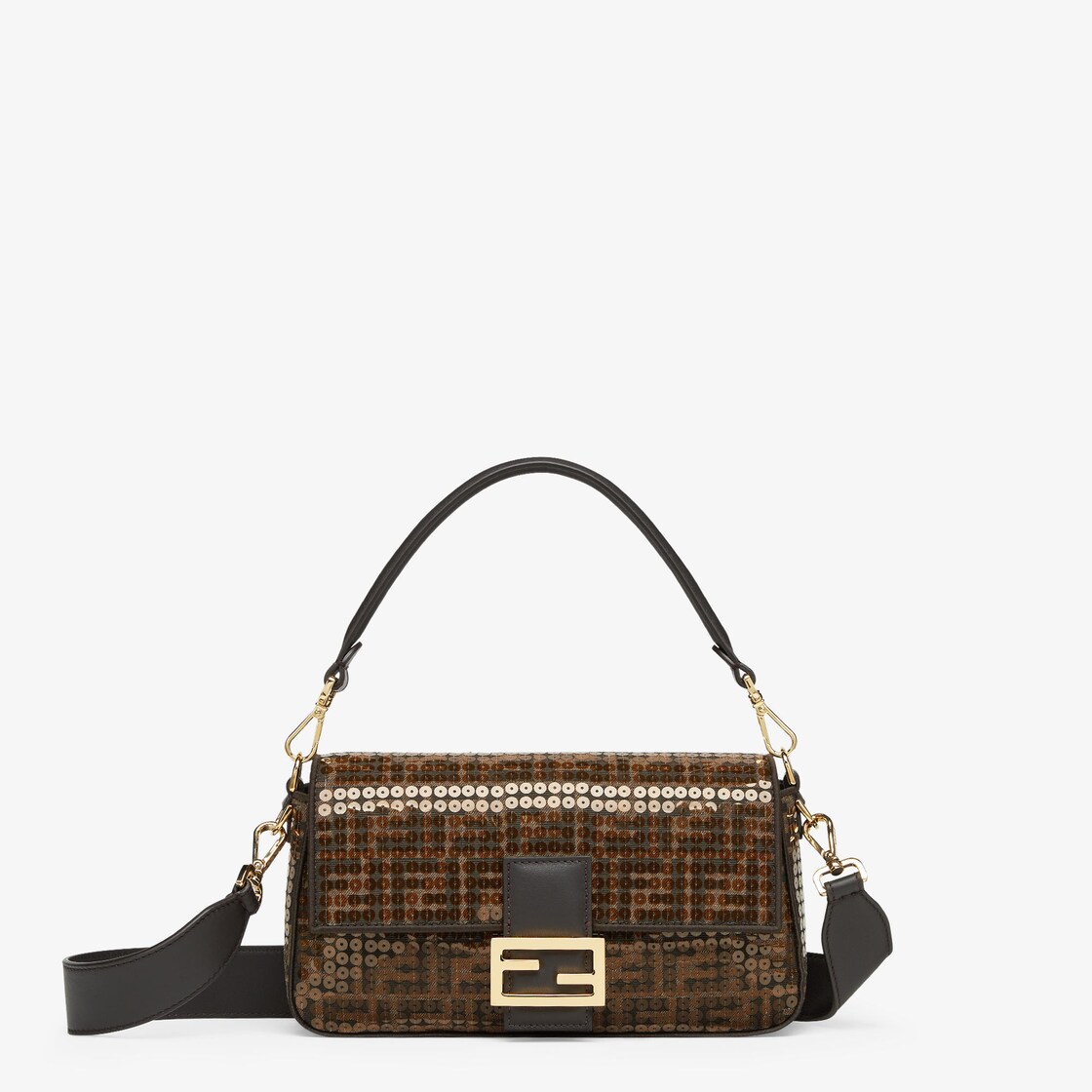 FENDI: leather and fabric pouch with jacquard FF monogram - Brown