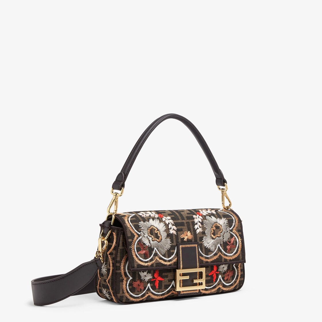 Baguette Brown FF jacquard fabric bag with floral embroidery Fendi