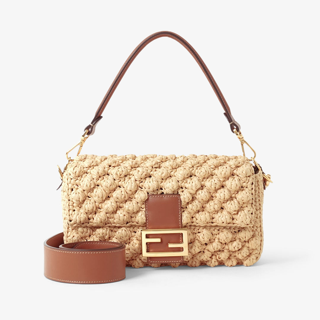 Fendi Baguette® Hazelnut-stitch raffia-effect material bag