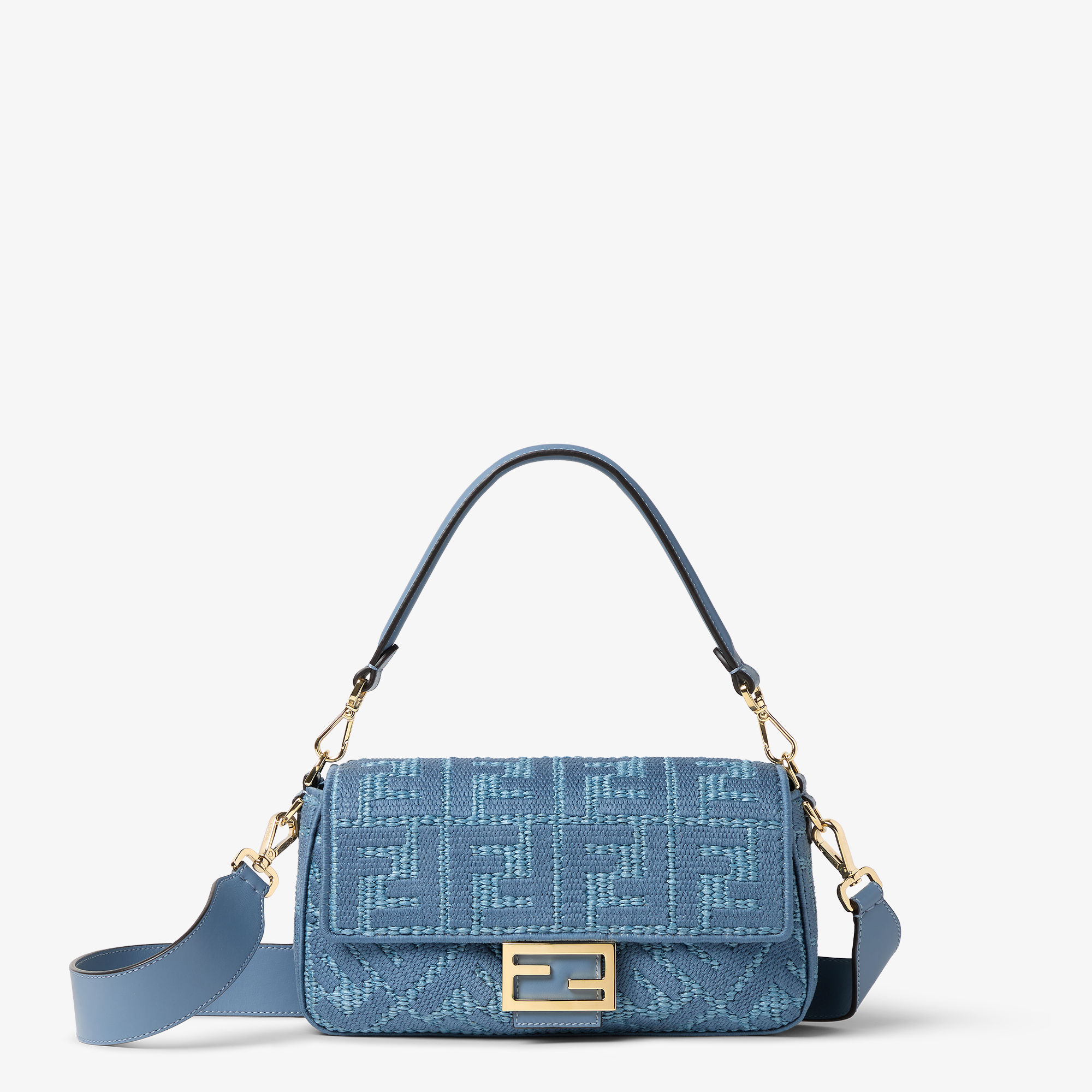 Baguette Blue woven raffia-effect material bag with FF embroidery
