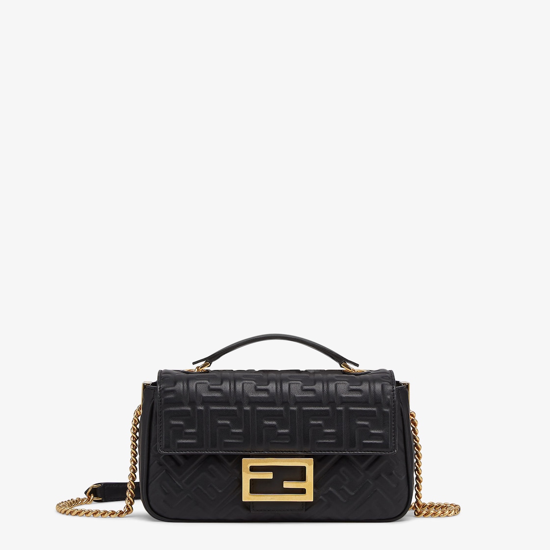 FENDI Baguette Mini Lambskin Leather Chain Shoulder Bag Black