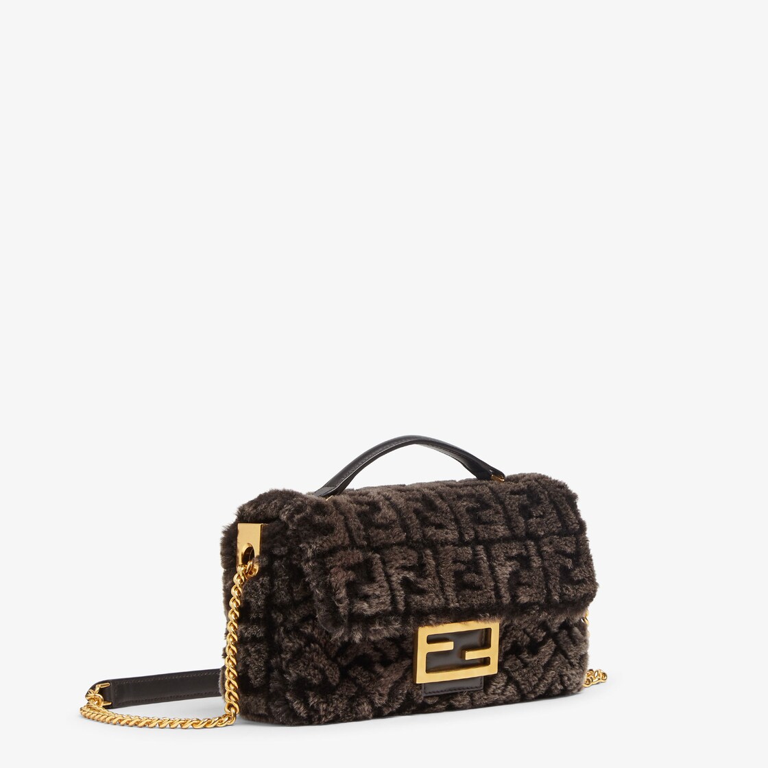 Fendi Brown Sheepskin Mini Baguette Shoulder Bag Fendi