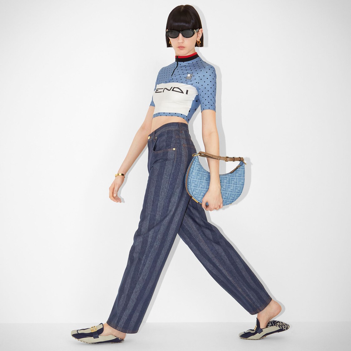 Fendigraphy Small - Light blue FF denim fabric bag | Fendi