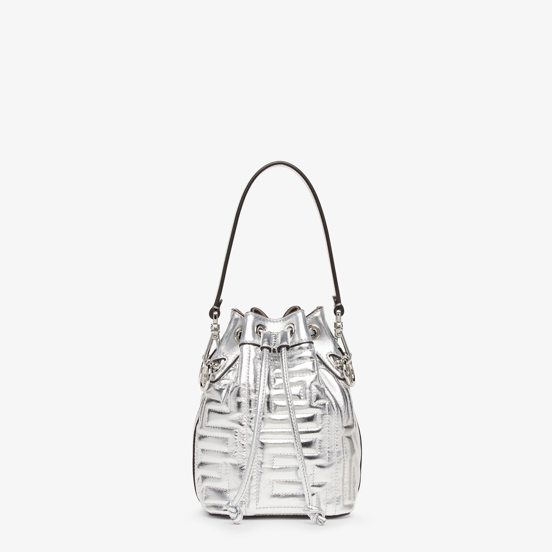 Fendi Mini Mon Tresor Bucket Bag In ROMA Logo Calf Leather Silver