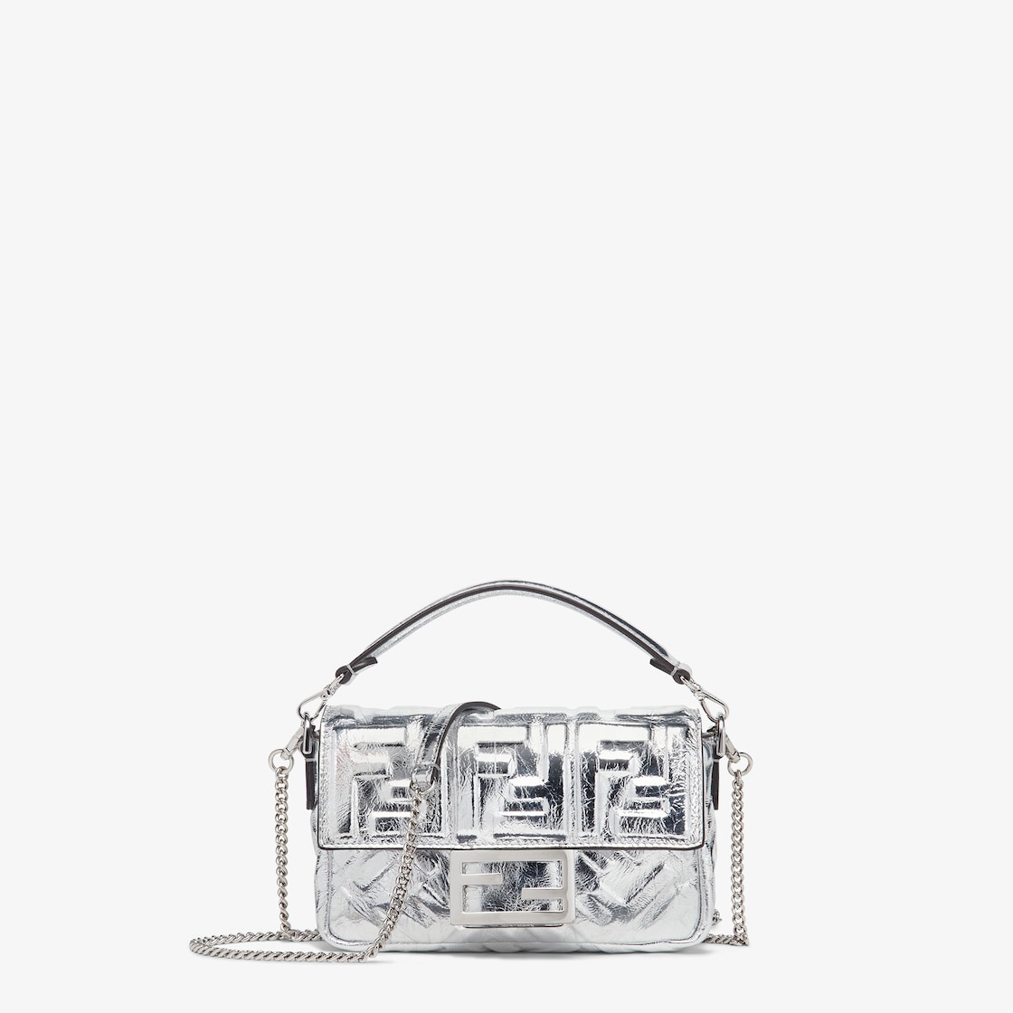 Baguette Mini - Silver craquelé leather bag with FF motif