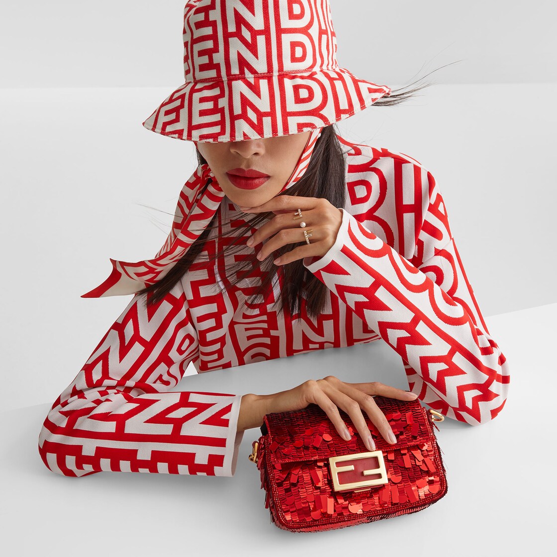 Fendi Sequin and Leather Baguette Mini Red in Polyester with Gold