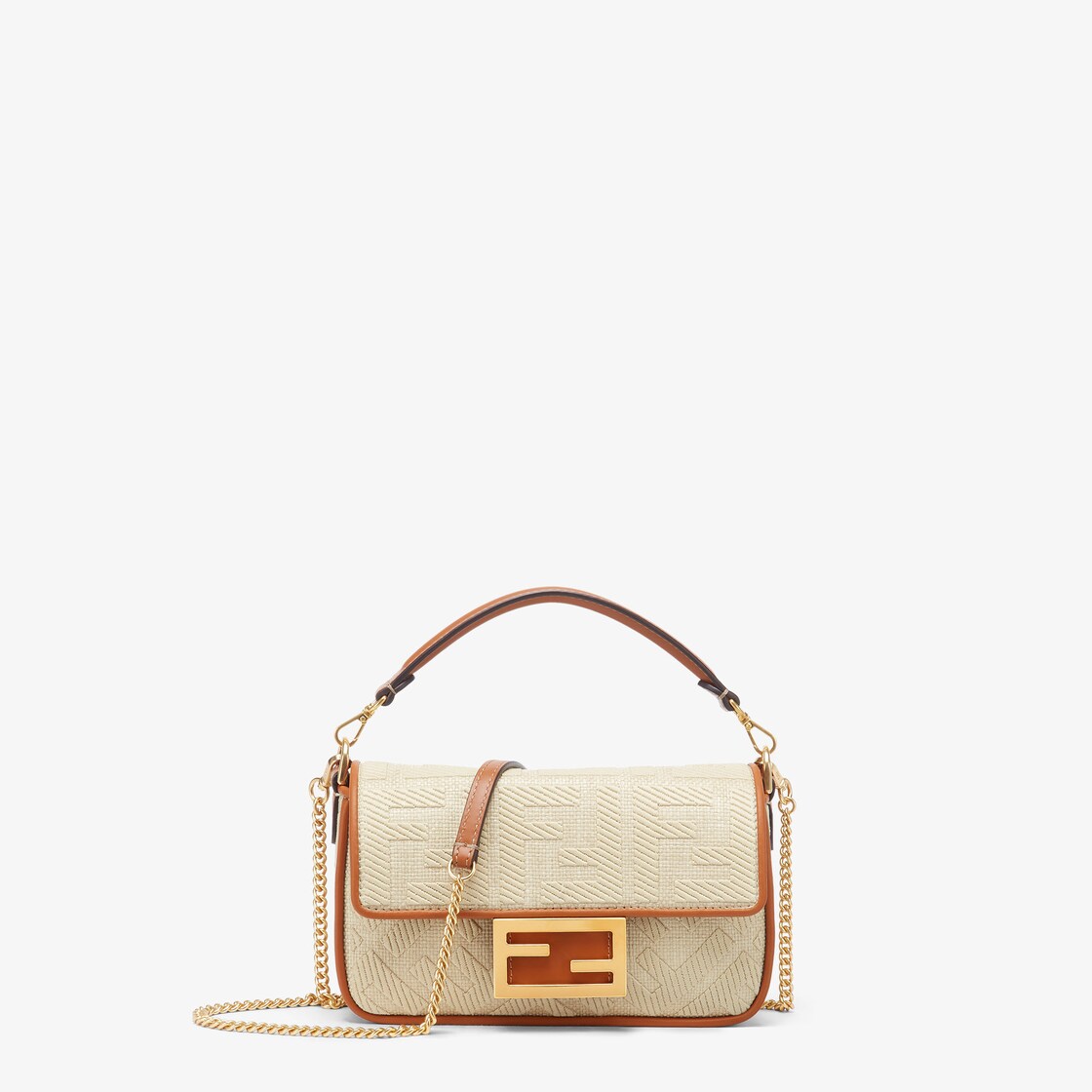 Fendi Natural Straw Baguette Bag With Ff Embroidery in Metallic