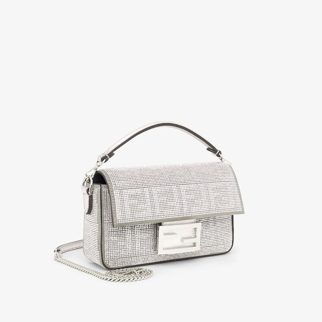 Baguette Mini - Silver leather bag with crystal FF motif | Fendi