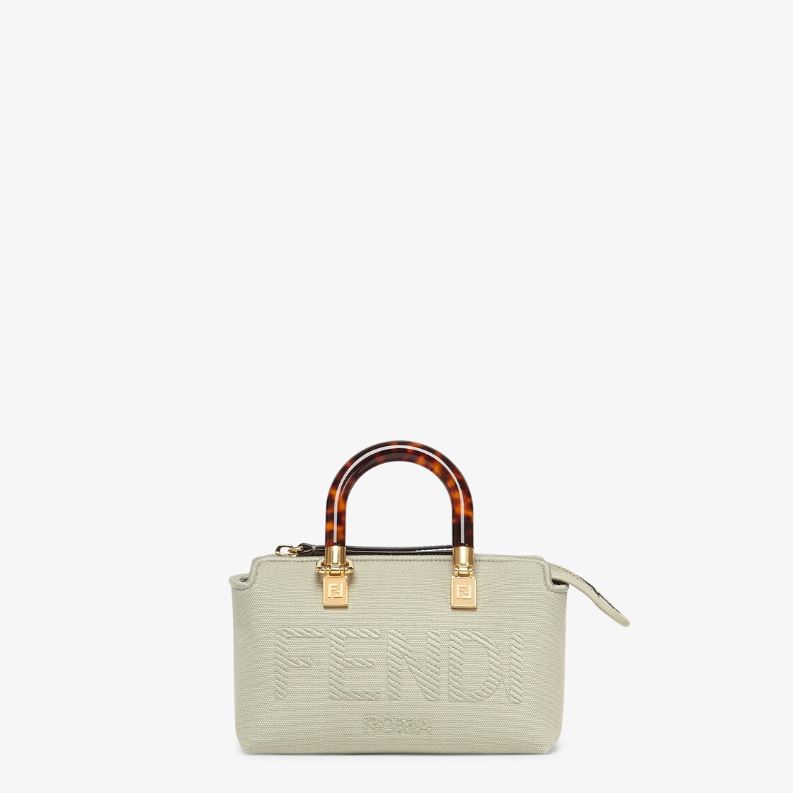 By The Way Mini - Light green canvas small Boston bag with Fendi Roma  embroidery