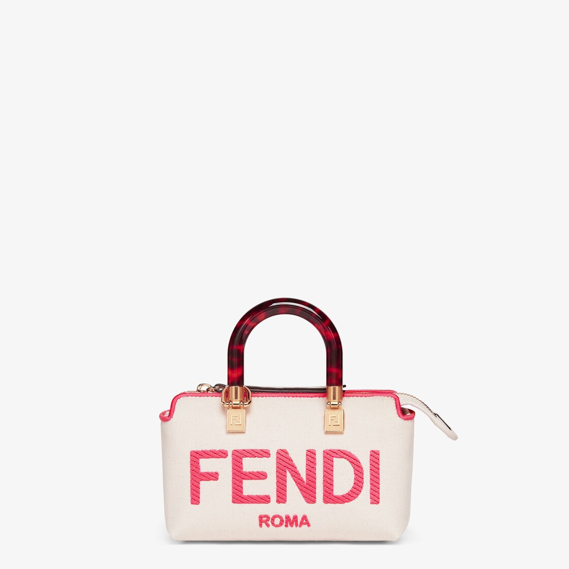 By The Way Mini - Beige canvas small Boston bag with Fendi Roma embroidery