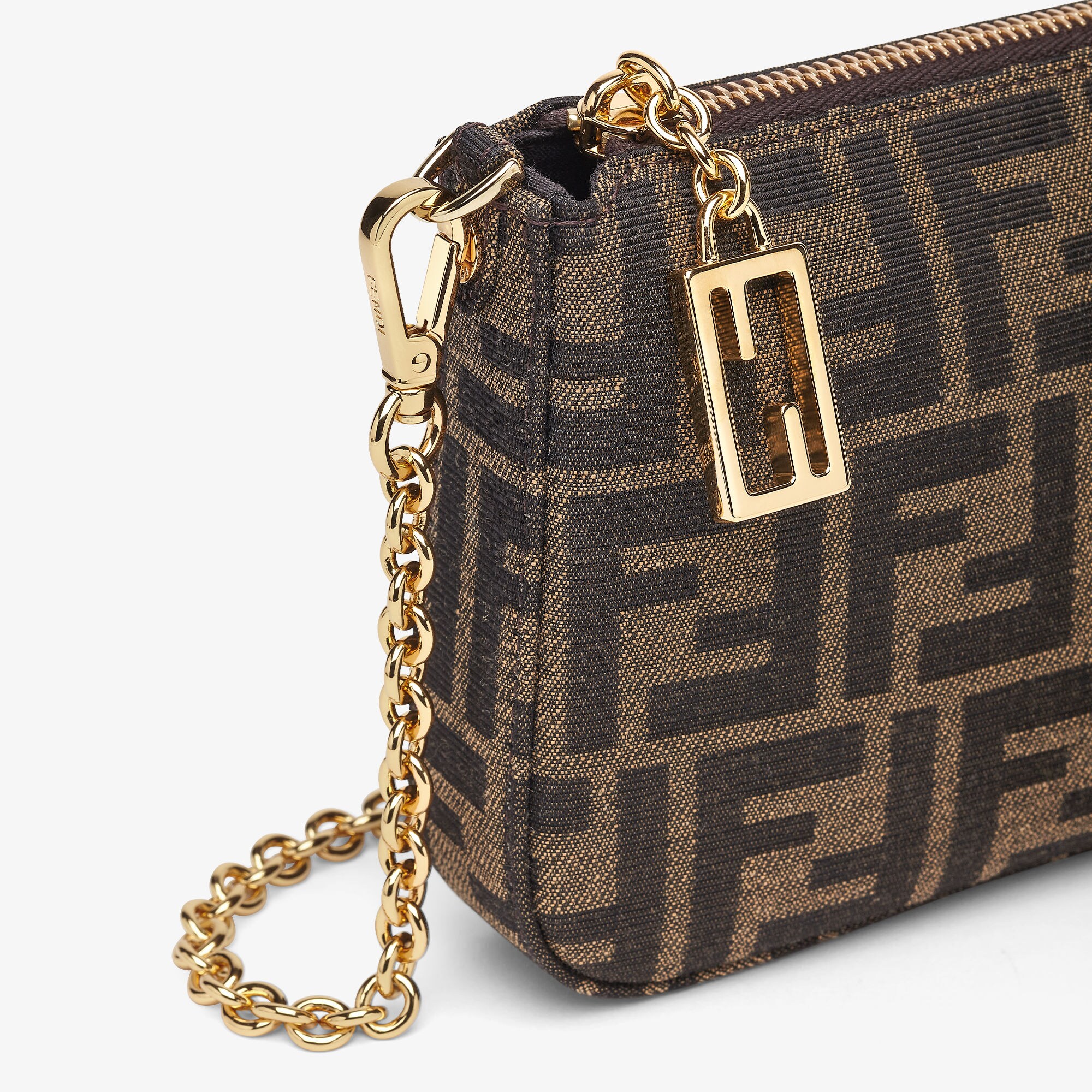 Baguette Pouch Brown jacquard FF fabric clutch with chain Fendi