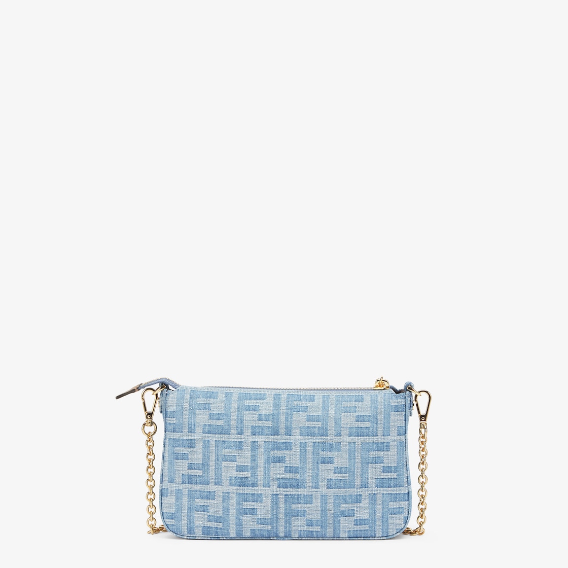 Baguette Pouch - Light blue FF denim fabric pouch with chain | Fendi