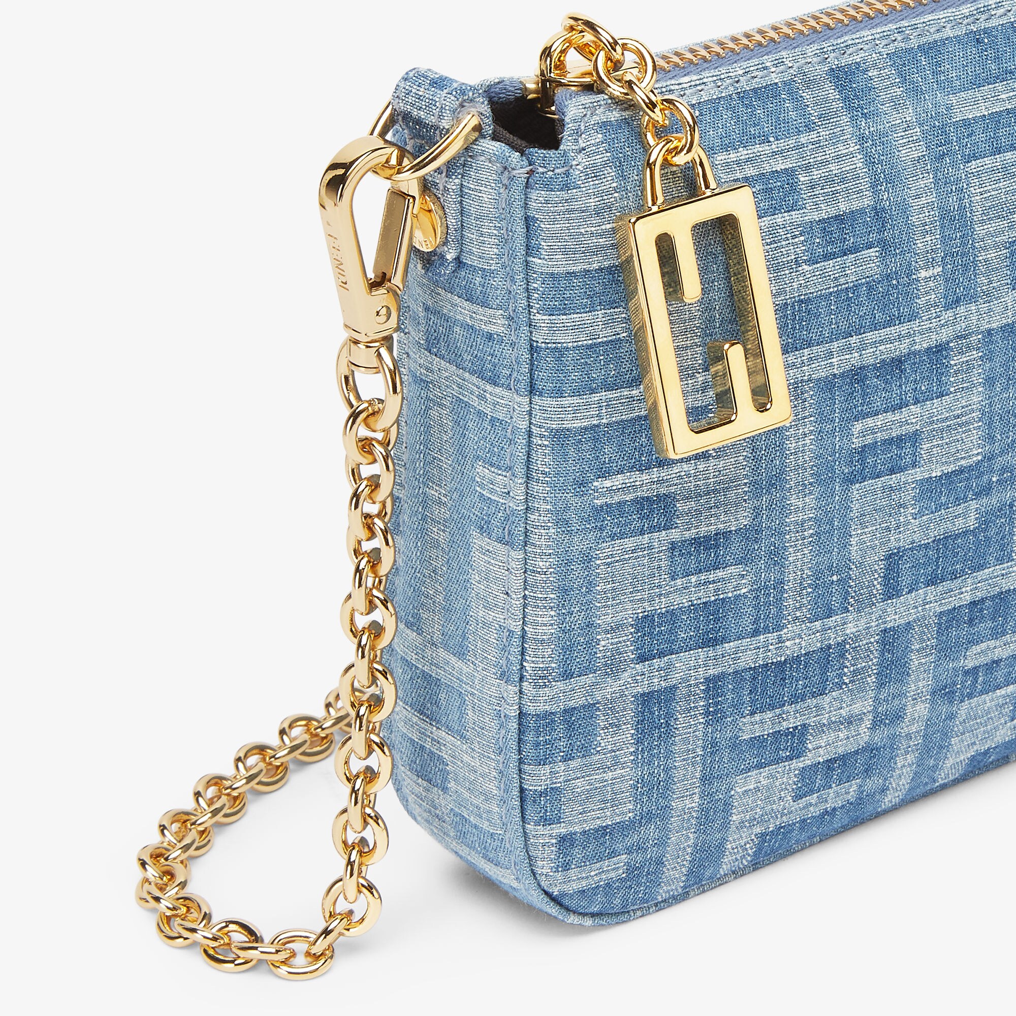 Baguette Pouch Light blue FF denim fabric pouch with chain Fendi