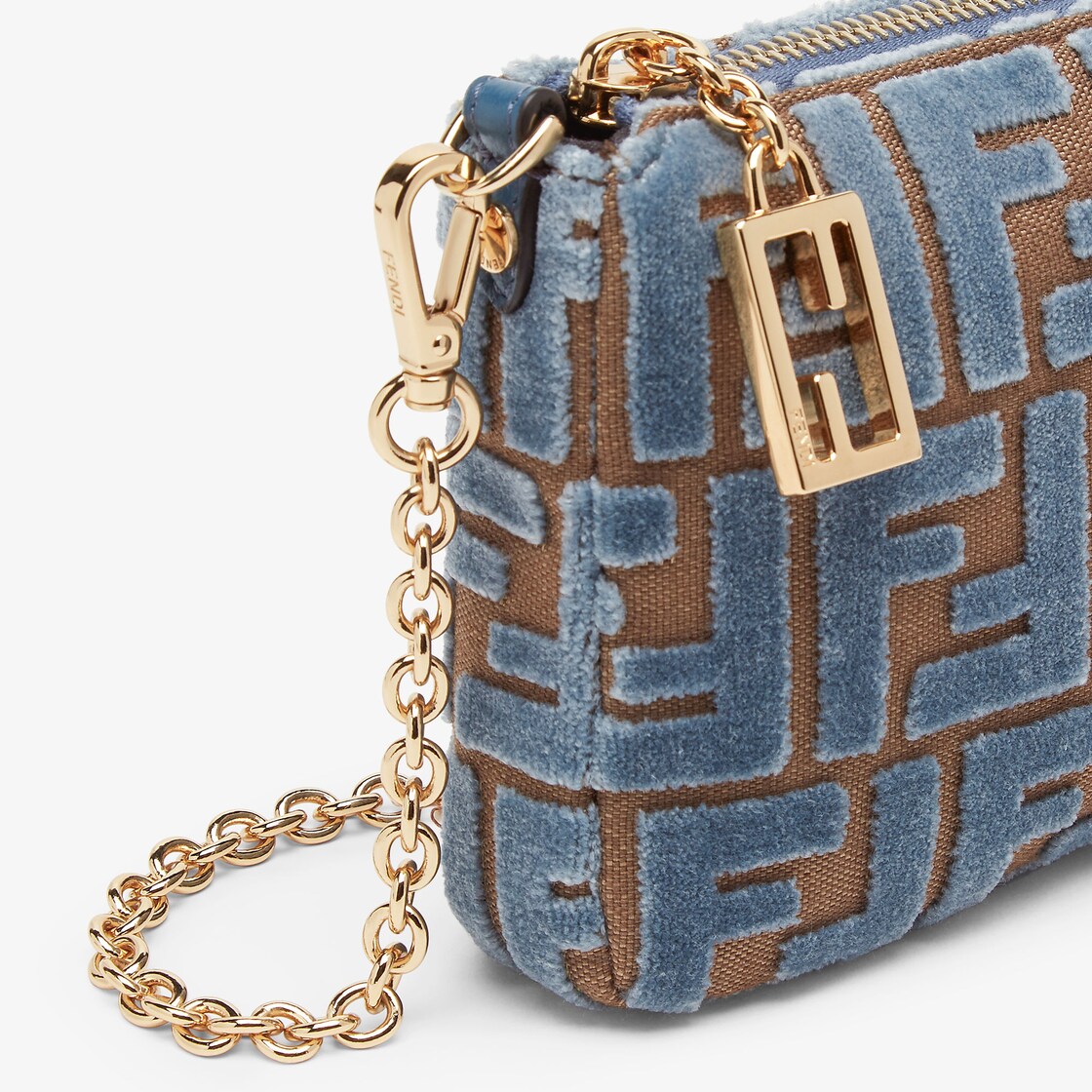 Baguette Pouch Light blue jacquard FF velvet pouch with chain Fendi