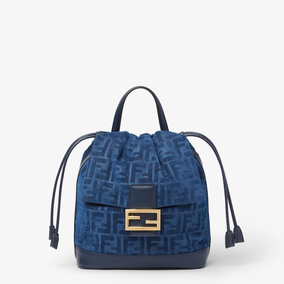 Fendi Women Denim Backpack With Flocked Ff Detail In Blue