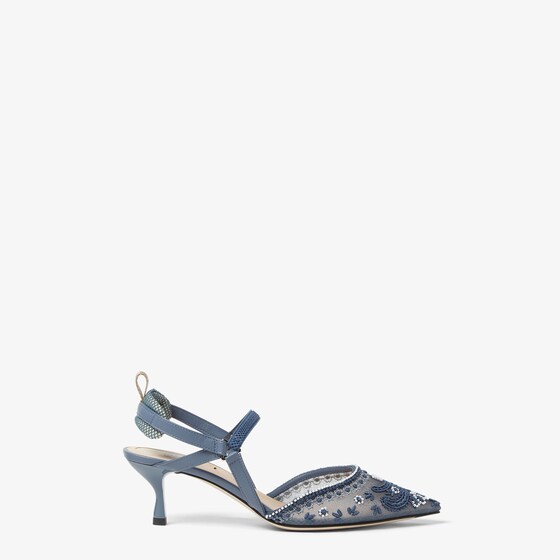 Fendi Blue Embroidered Mesh Medium-heeled Slingbacks In Blue