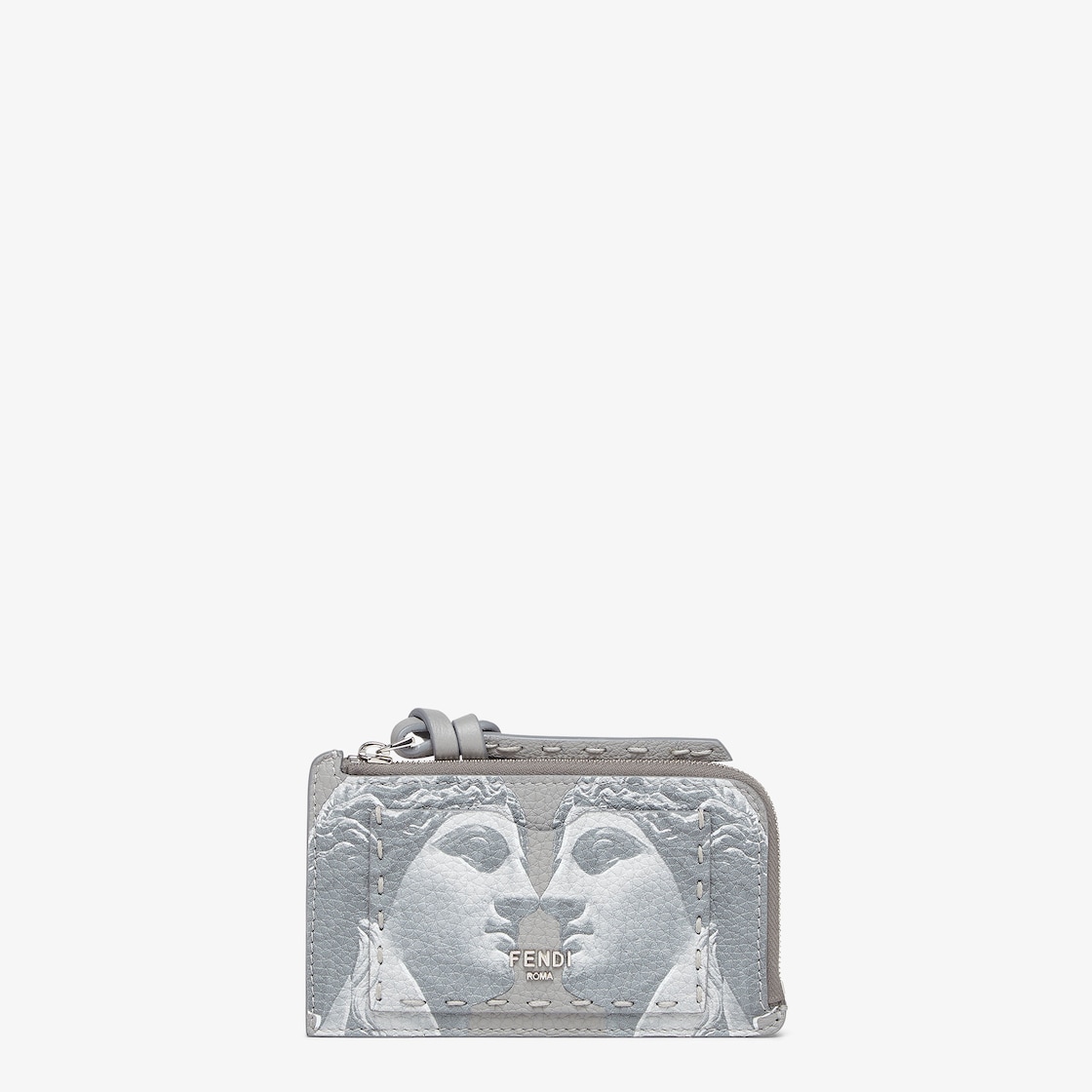 Card Case Peekaboo Porta carte in Selleria grigio con stampa statua e 62 impunture fatte a mano Fendi