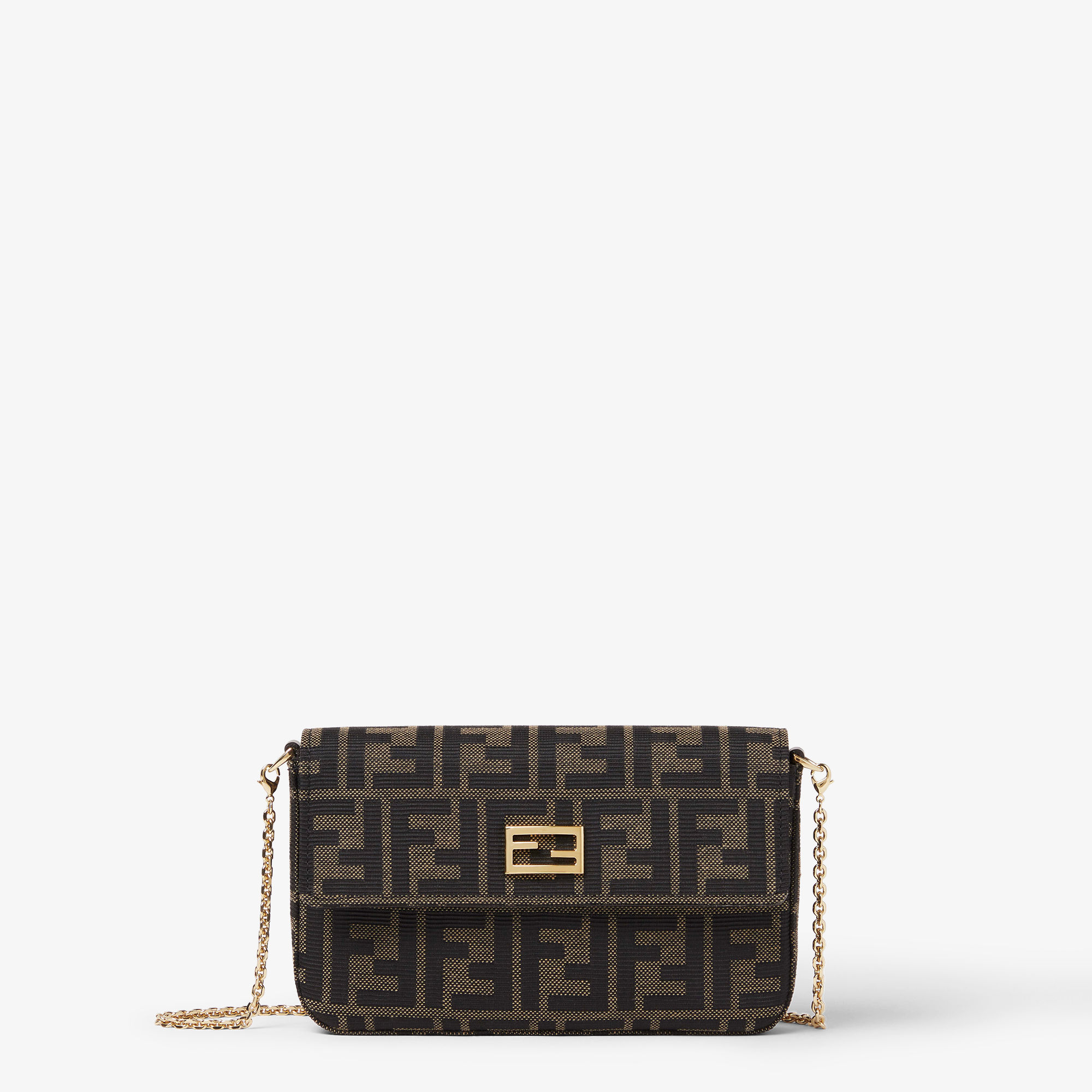 Tube Wallet On Chain FF Zucca jacquard and brown leather compact wallet