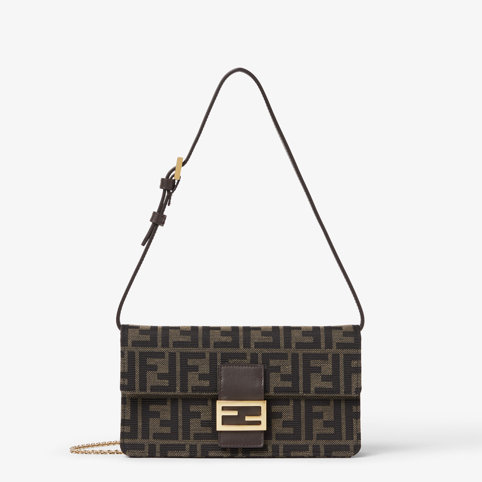 Tube Wallet On Chain FF Zucca jacquard and brown leather wallet
