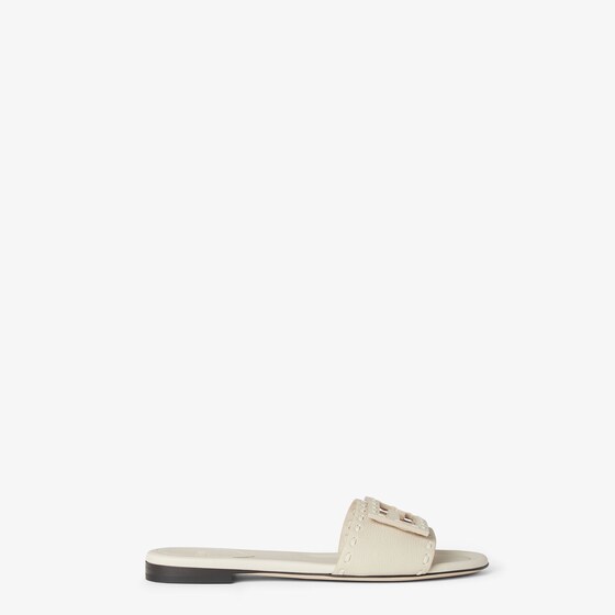 Fendi Baguette Ff Leather Buckle Flat Slide Sandals In White