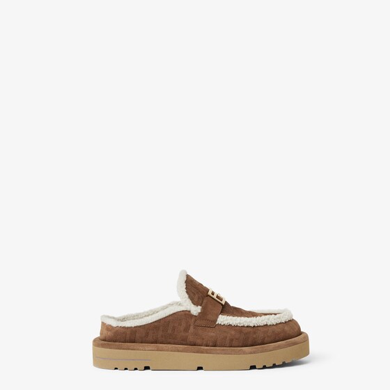 Fendi Women Beige Mules With Logo Lettering On The Rear And Ff Buckle In Suede Woman In Brown