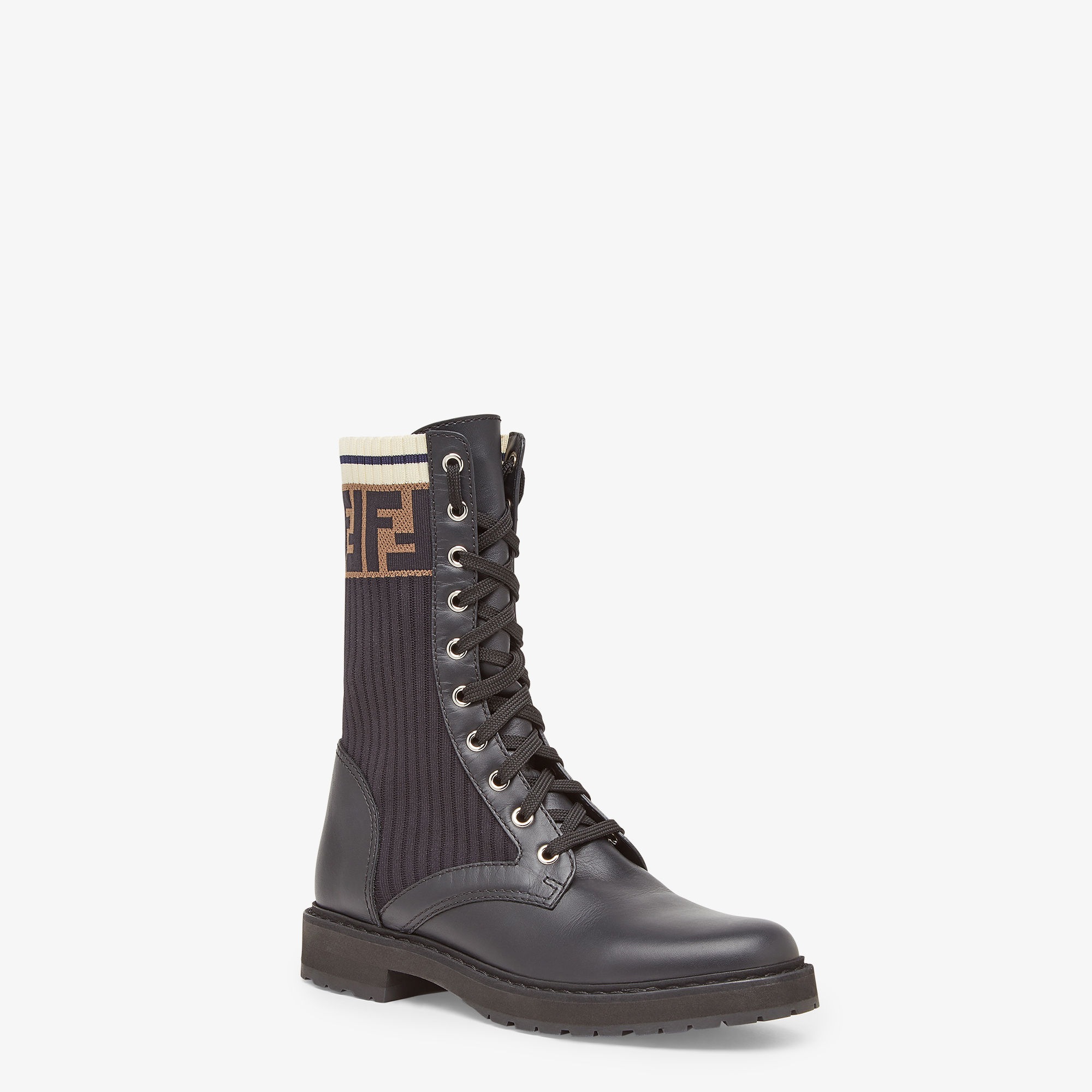 Rockoko - Black leather biker boots with stretch fabric | Fendi