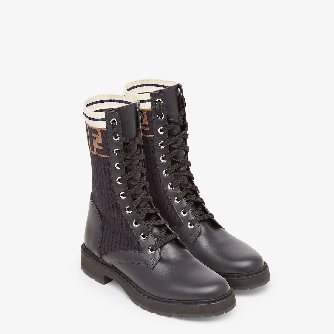 Rockoko - Black leather biker boots with stretch fabric | Fendi